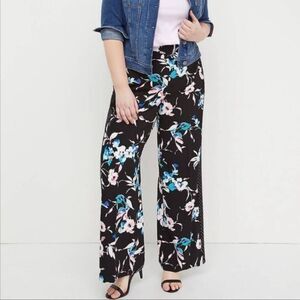 Lane Bryant 22/24 Floral Polka Dot Print Wide Leg Trouser Pants Black Plus Size